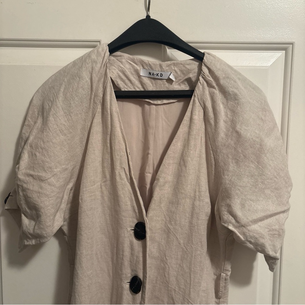 NA-KD BUTTONED LINEN DRESS V-NECK PUFF SLEEVES SAND SIZE SMALL - Picture 5 of 13